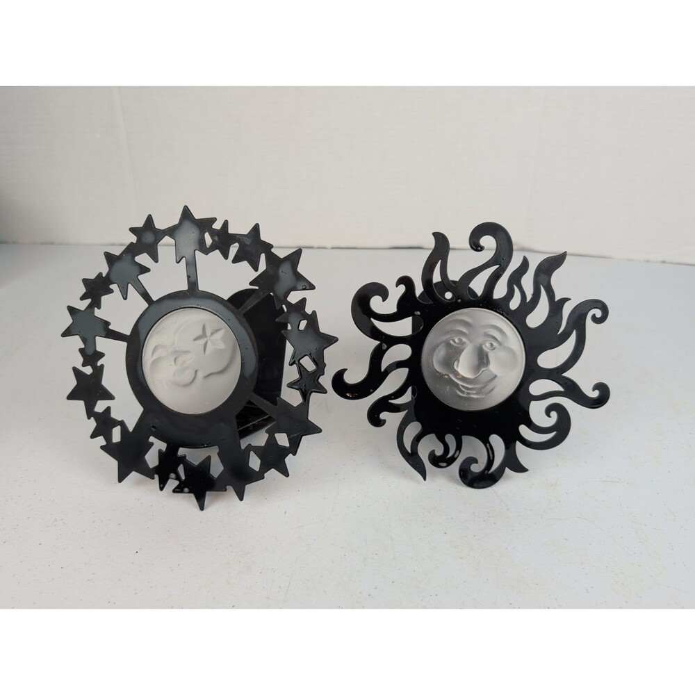 Vintage 90’s PartyLite Celestial Sun & Moon Wall Sconces-Black & Frosted Glass